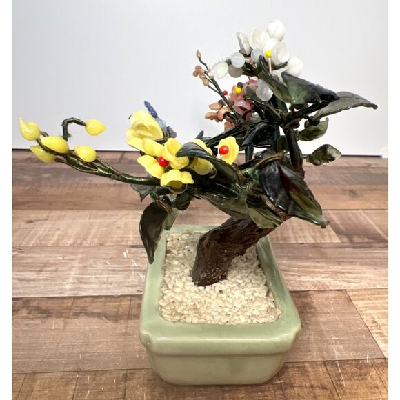 Gemstone Bonsai Tree Ornament With Multicolored Flowers In Ceramic Pot - Picture 4 of 8